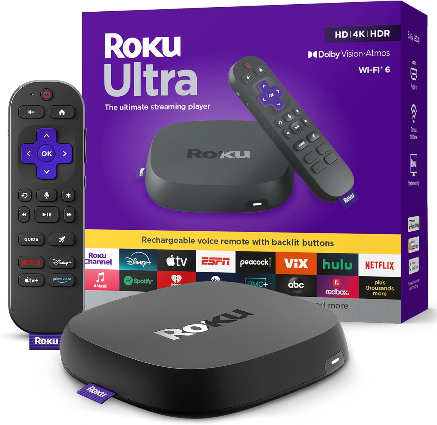 Roku Ultra - Ultimate Streaming Player - 4K Streaming Device for TV with HDR10+, Dolby Vision & Atmos - Bluetooth & Wi-Fi 6- Rechargeable Voice Remote Pro with Backlit Buttons - Free & Live TV Ultra 2024 - Image 1 of 8