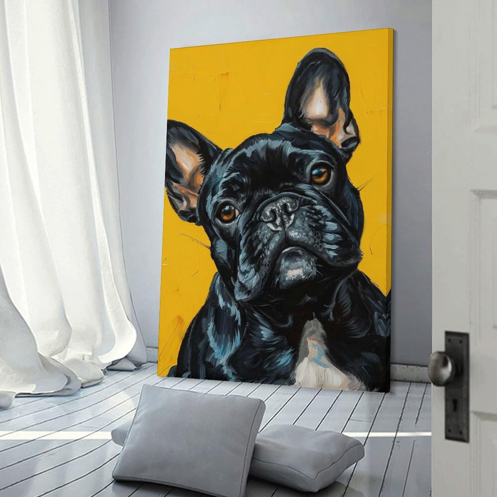 Junmoney Cheerful Frenchie Glow Canvas Wall Decor, 24x36inch(60x90cm), for Art Walls, Layered Displays Or Homes, Home Wall Art for Statement Displays