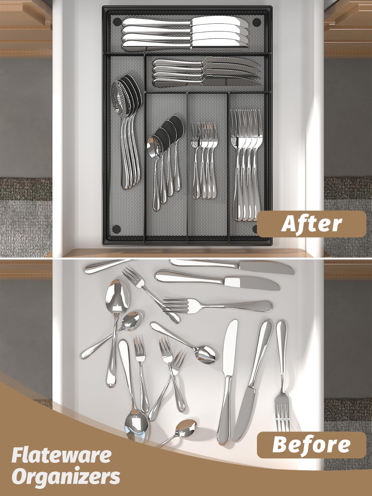 Organizador de cubiertos de malla de metal, organizador de cajones grandes, bandeja de cubiertos para cajones de cocina, organizador de cubiertos con 6 compartimentos, negro (11.3 x 16 5