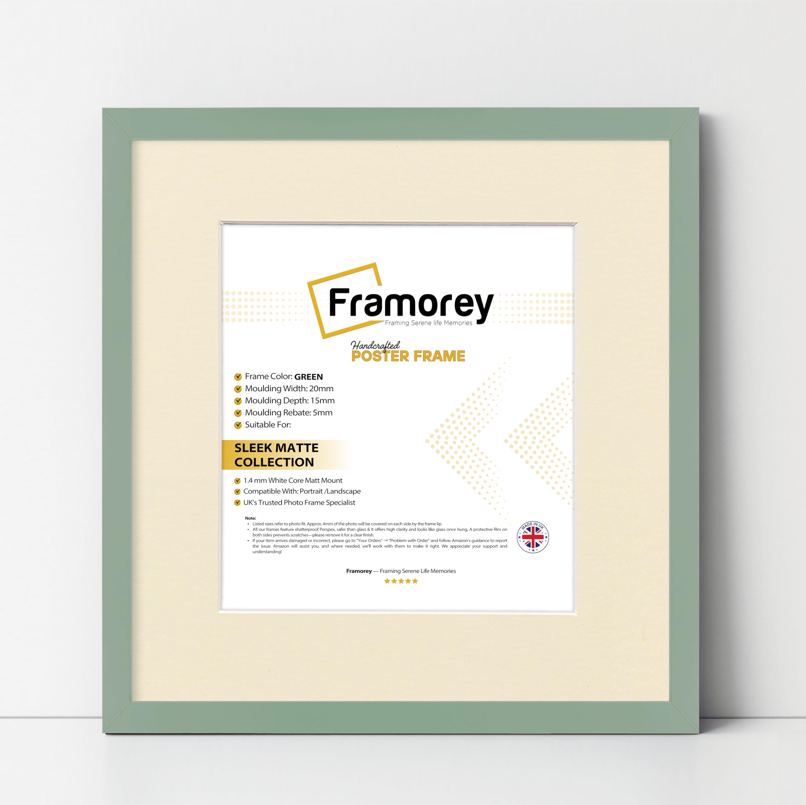 Framorey Framing Serene Life Memories Green With Ivory Framorey Square Size Thin Matt Photo, Handmade Flat Thin Picture Frame, 11X11" Size Green Picture Frame With 9X9" Size Ivory Mount, Photo Print Frame