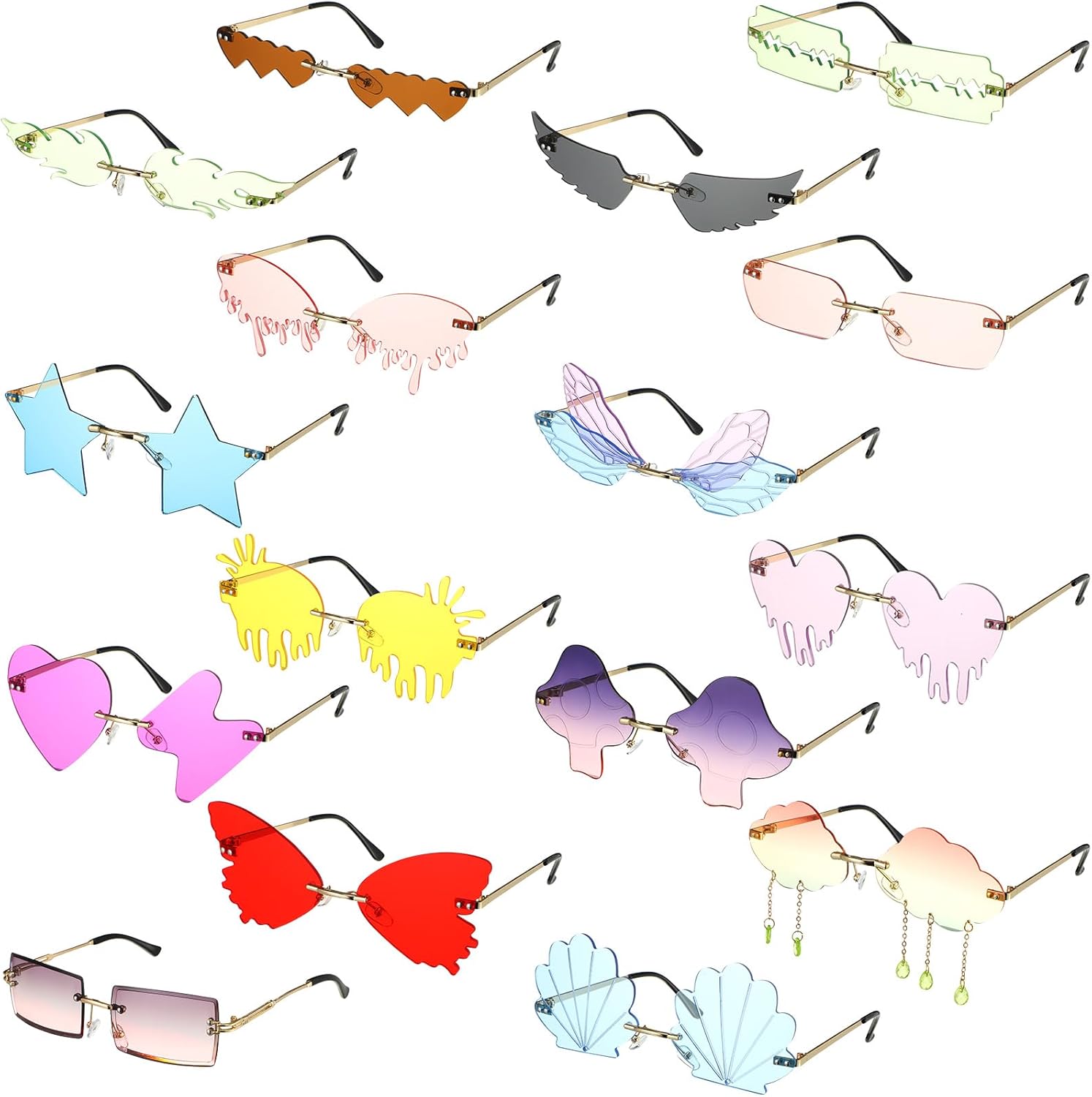 16 Pcs Irregular Rimless Sunglasses Rectangle Star Cloud Flame Butterfly Shaped Heart Sunglasses Frameless Disco Glasses Party Favors Photo Props for Women Men Costume Unisex