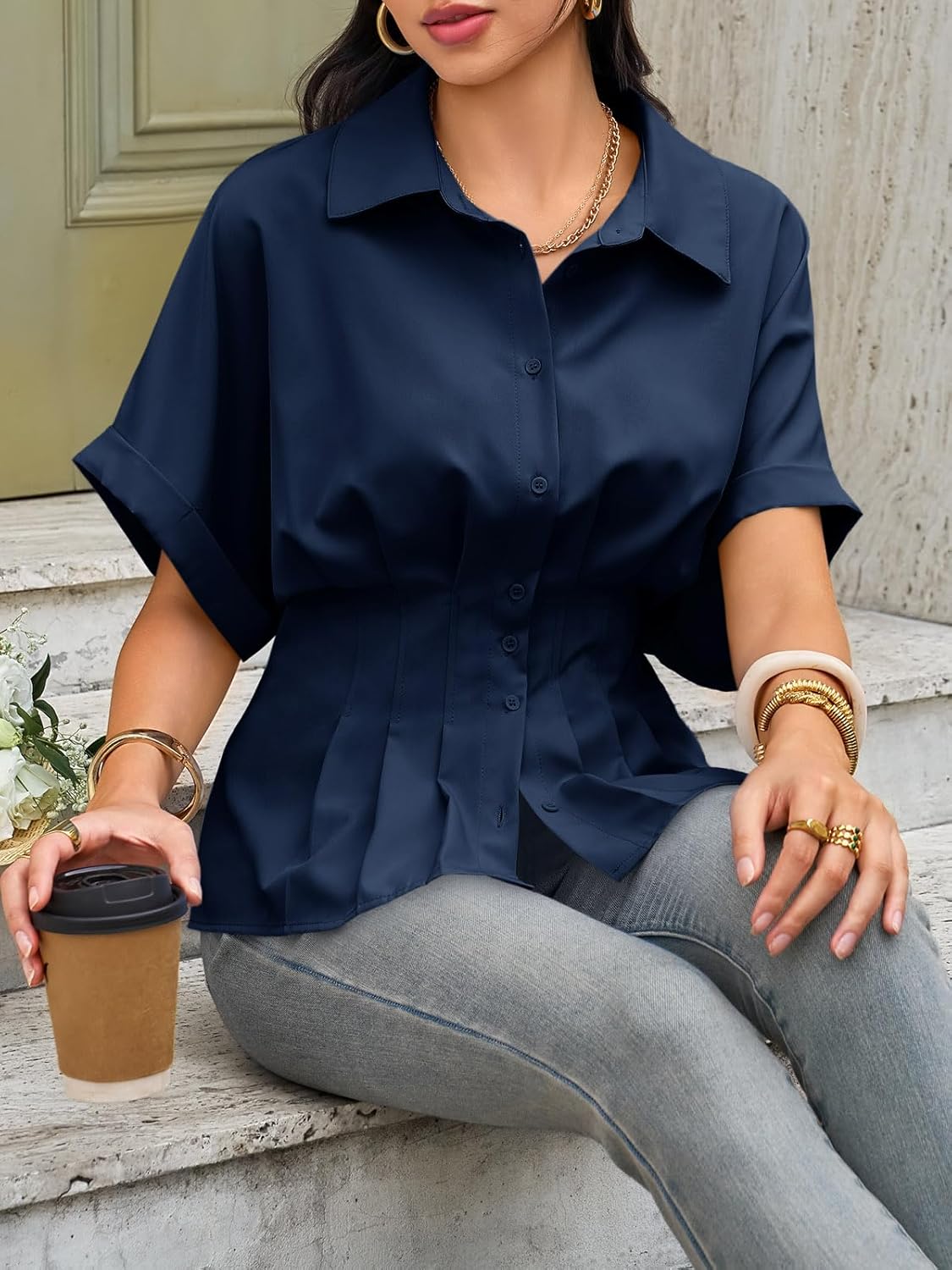 Cicy Bell Womens Pleated Button Down Blouse Summer Cuffed Short Sleeve Peplum Tops Casual Dressy Fitted Waist Shirts - Image 5