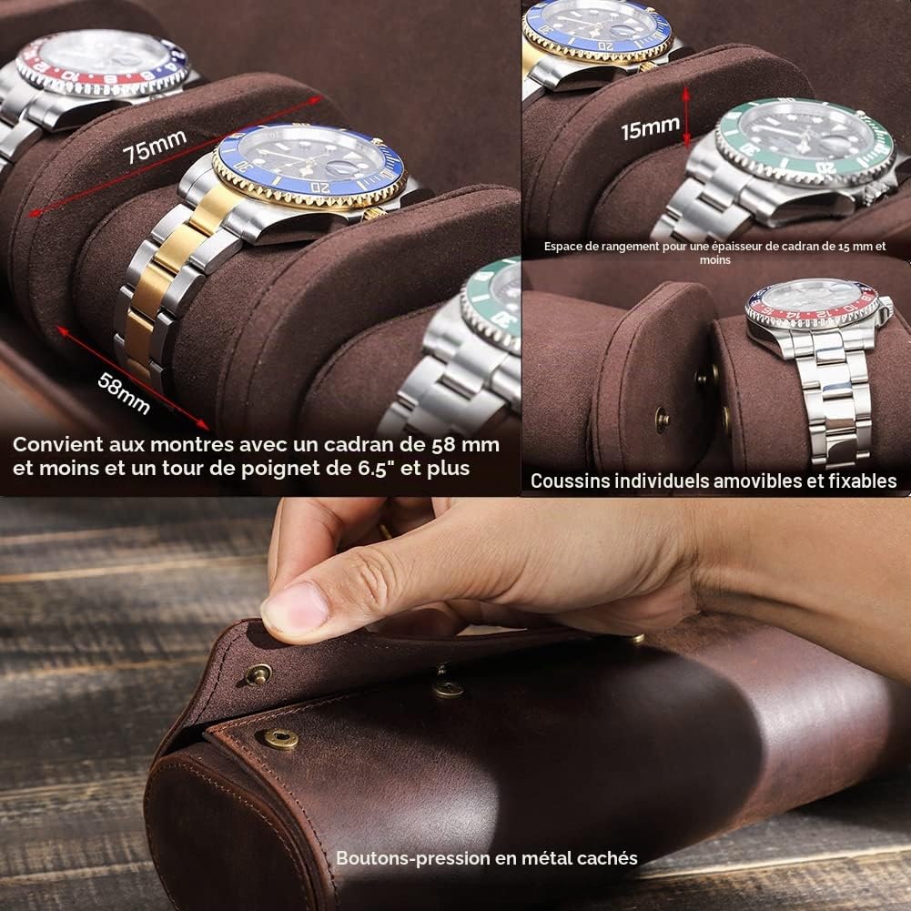 CONTACTS Étui de voyage en cuir véritable pour 4 montres, étui de rangement pour 4 montres, étui de protection portable pour montres de voyage vintage (café-1140)