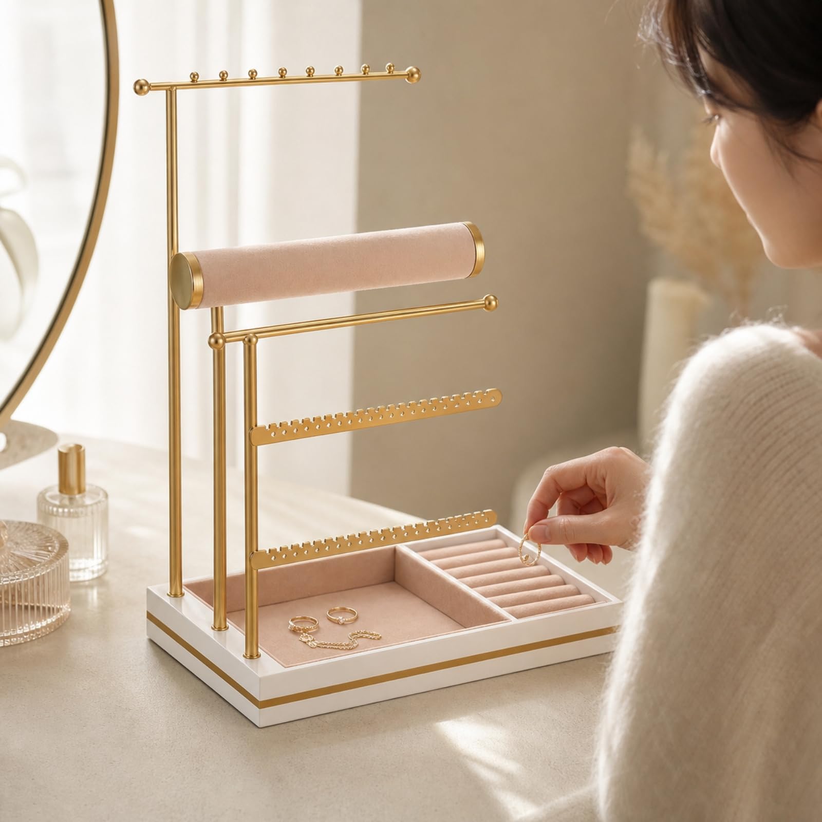 Qianly gioie a più Livelli con Base in Legno Multifunzionale gioie Regolabile in Altezza Ampio Spazio di Archiviazione per Tavolo da Trucco, Oro