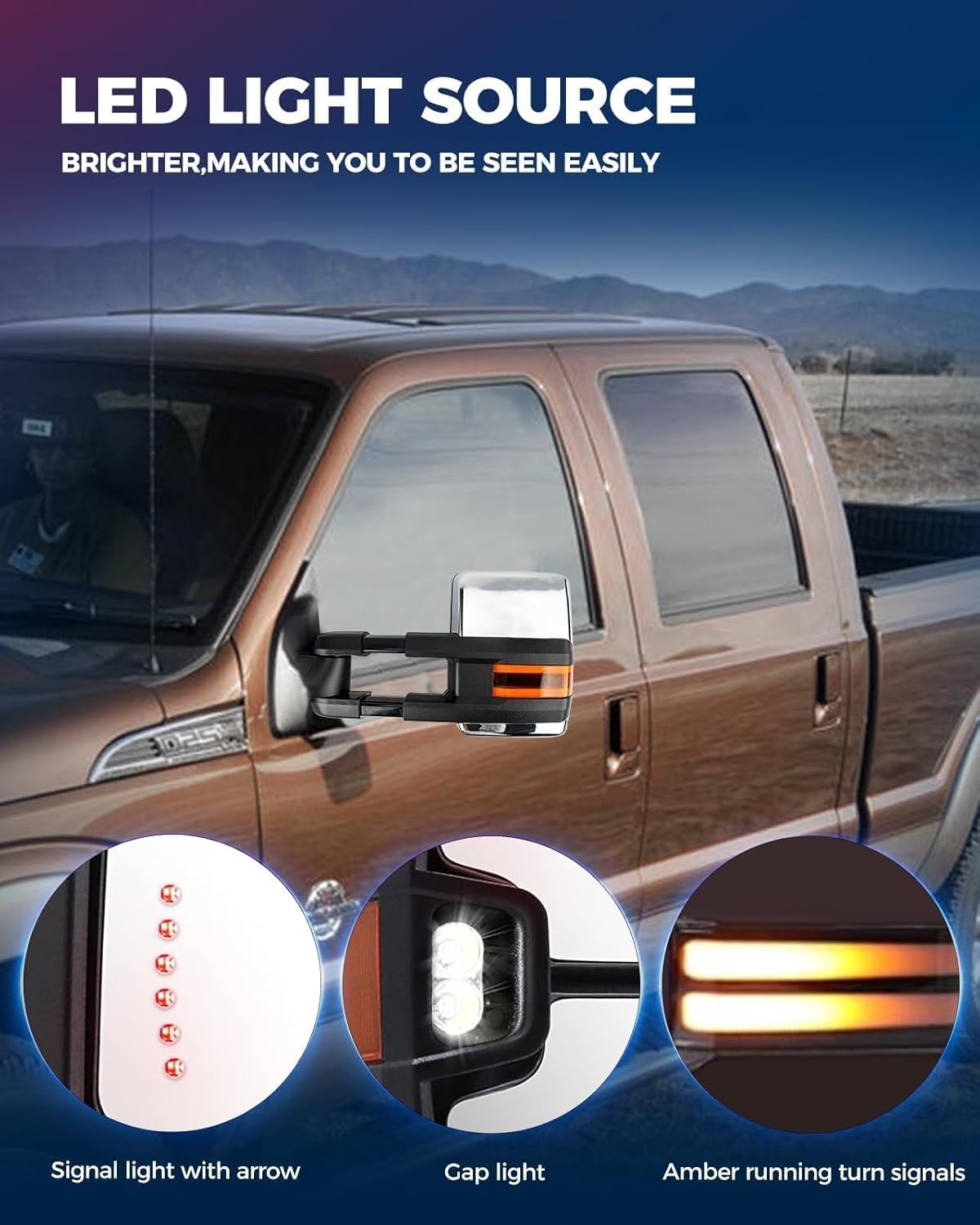 KAX 1 Pair Towing Mirrors fit for Silverado,Tahoe,Suburban,Sierra,Yukon,Avalanche,Plane Glass&Convex glass,Power Heated,LED Turn Signal Light,Manual Telescoping,180°Manual Folding,Chrome, Black