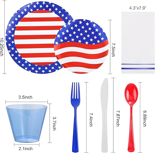 Miniatura 2 de GATHER 175 platos del 4 de julio, cubiertos de plástico azul, blanco y rojo y copas azules transparentes, platos de plástico de la bandera