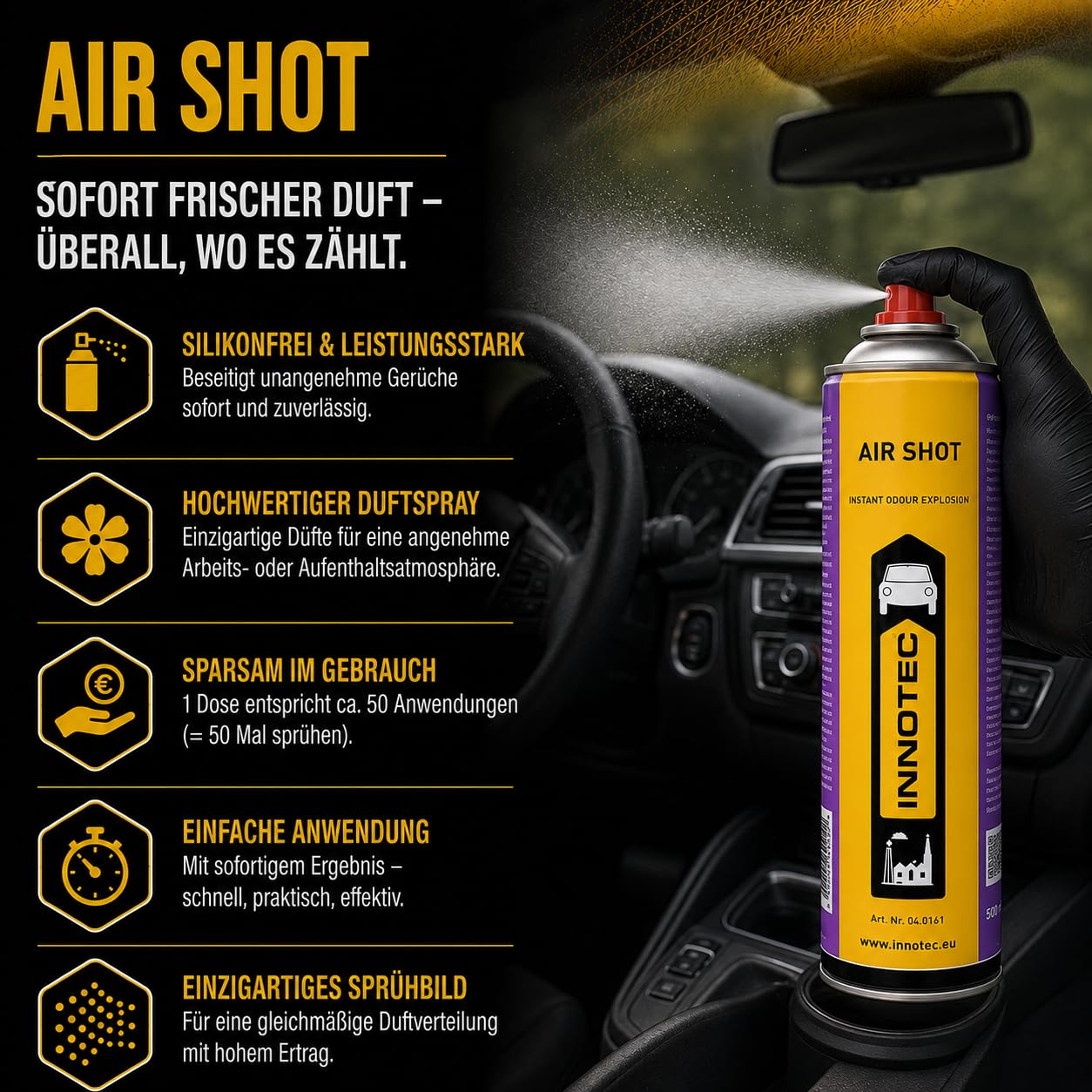 4Stück Innotec Air Shot Clean Grün Instant-Duftexplosion - Hochwertiger Duftspray - Spezielles Parfüm mit organischen Lösungsmitteln - Silikonfrei - leistungsfähiger Duft beseitigt unangenehme Gerüche