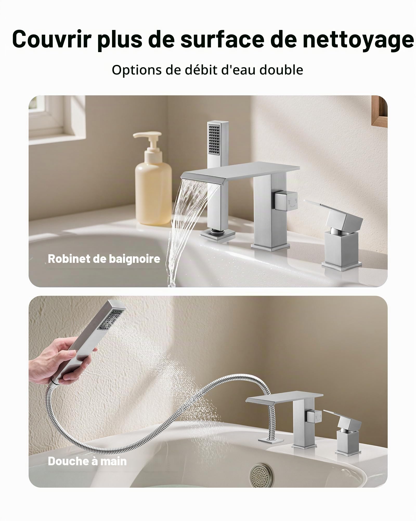 VEVOR Mitigeur de Baignoire Romaine, Robinet de Bain 3 Trous, Cascade, avec Pommeau de Douche et 1 Poignée, en Acier Inoxydable Brossé, à Large Ouverture, pour Lavage des Animaux, Salle de Bains
