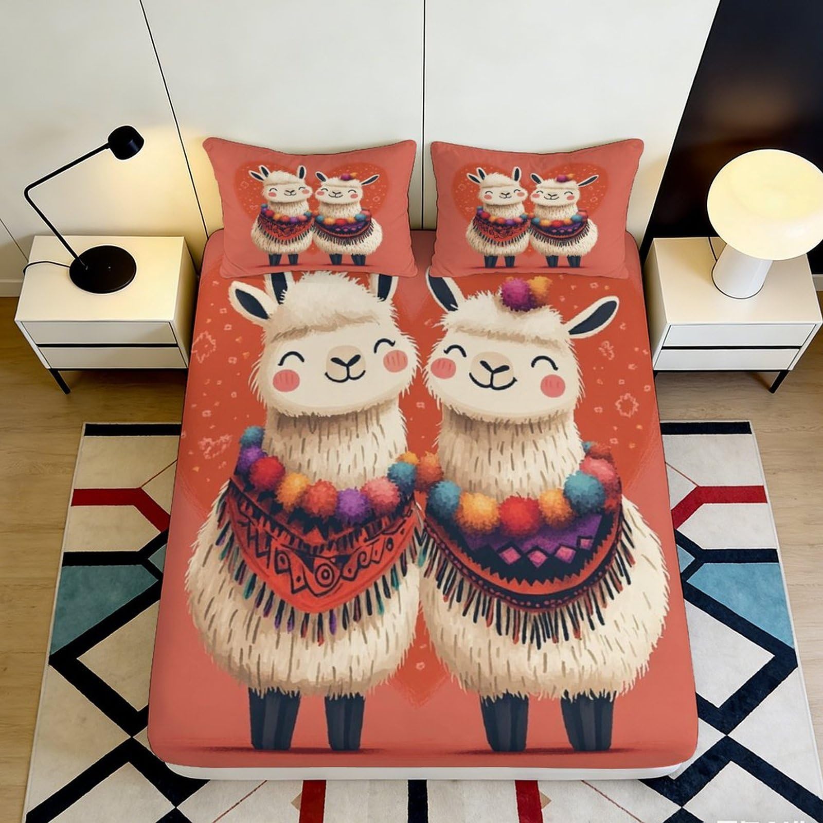 3D Printed Cute Llama Fitted Sheet Microfiber Soft Breathable Colorful Alpaca Mattress Cover for Bedroom Dormitory Guest Room Mattress Protection Decor 200x200x25cm