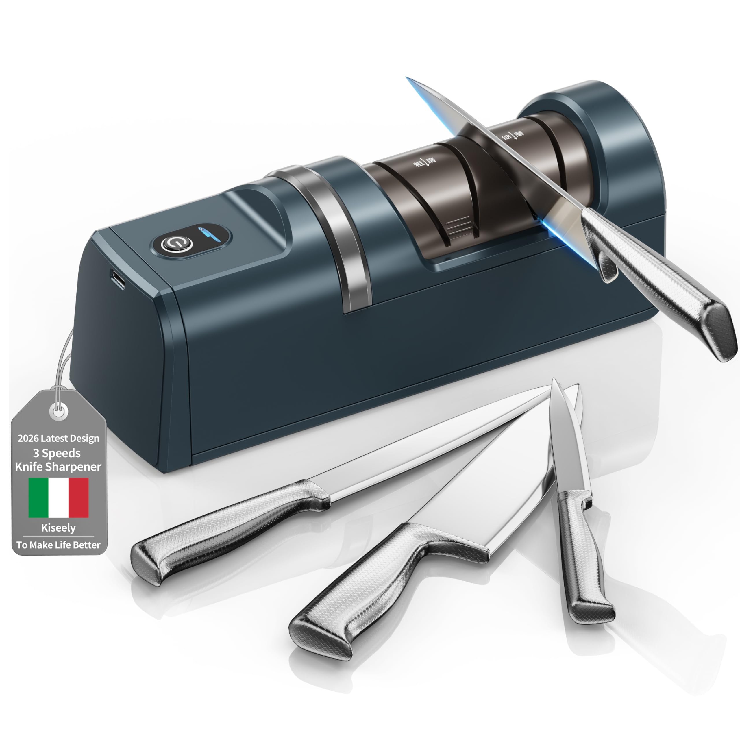 Affilacoltelli elettrico, Sistema di affilatura coltelli 5 in 1 con 3 velocità, affilacoltelli professionale ricaricabile con diamante per affilatura grossolana e fine (Verde)