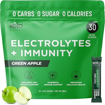Keto Vitals Immunity Sugar Free Electrolytes Powder with Vitamin C, Ginger, Turmeric, Elderberry - Boost Your Immune System and Rehydrate Your Body - Green Apple Flavor, 30 Count