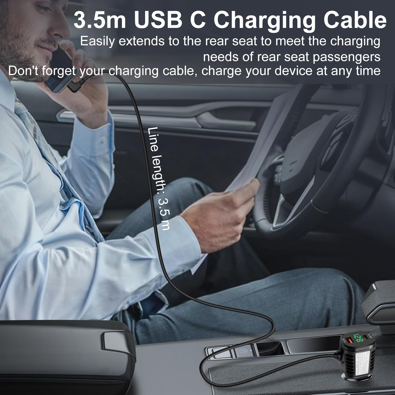 Ładowarka samochodowa USB C 60 W, 3 porty PD i QC3.0 szybkie ładowanie zapalniczka adapter ładowarki z woltomierzem LED i kablem USB C 3,5 m, kompatybilny z iPhone Samsung Huawei