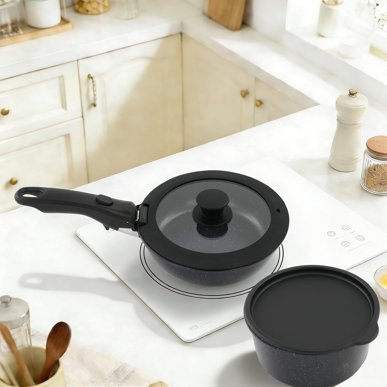 Juego de utensilios de cocina de 15 piezas, antiadherente, juego de ollas y sartenes versátiles con mango extraíble, ollas y sartenes portátiles para cocina (negro)