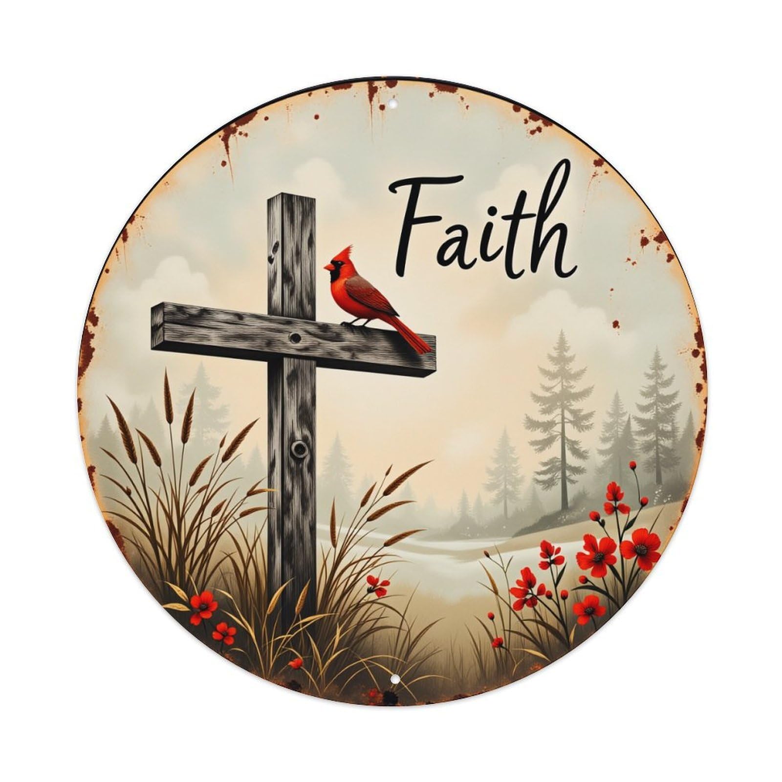 Faith Cross Cardinal Nature Flowers Round Tin Sign Vintage Style Metal Sign Home Bar Garden Wall Plaque Decor Metal Poster 8x8 Inch