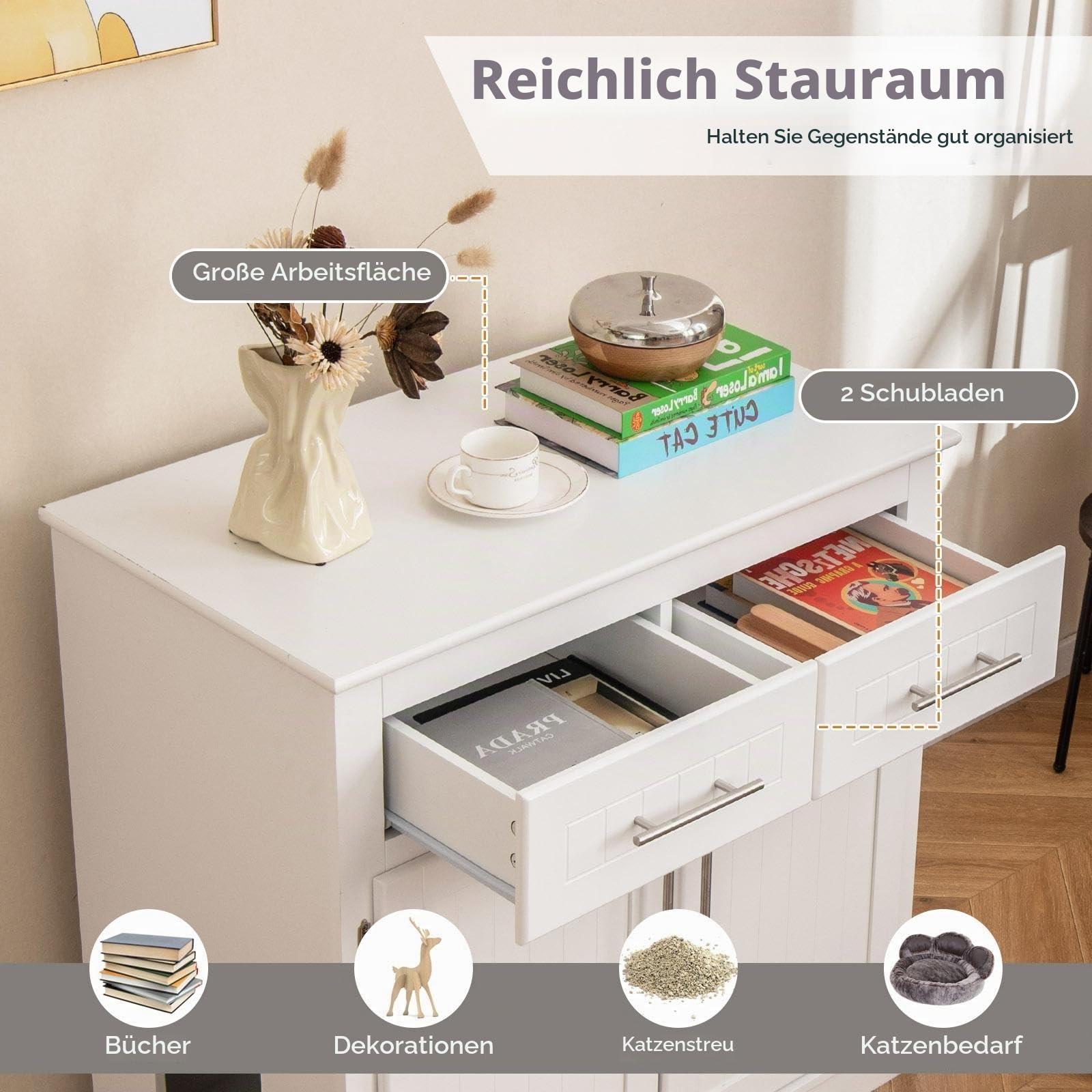 SOARS Katzenschrank, Katzenklo Schrank 3 in 1 mit 2 Türen und 2 Schubladen, Anti-Kipp-Vorrichtung & Seiteneingang, Katzenhaus Katzenhöhle Katzenkommode für Innenbereich, 80 x 45 x 80 cm