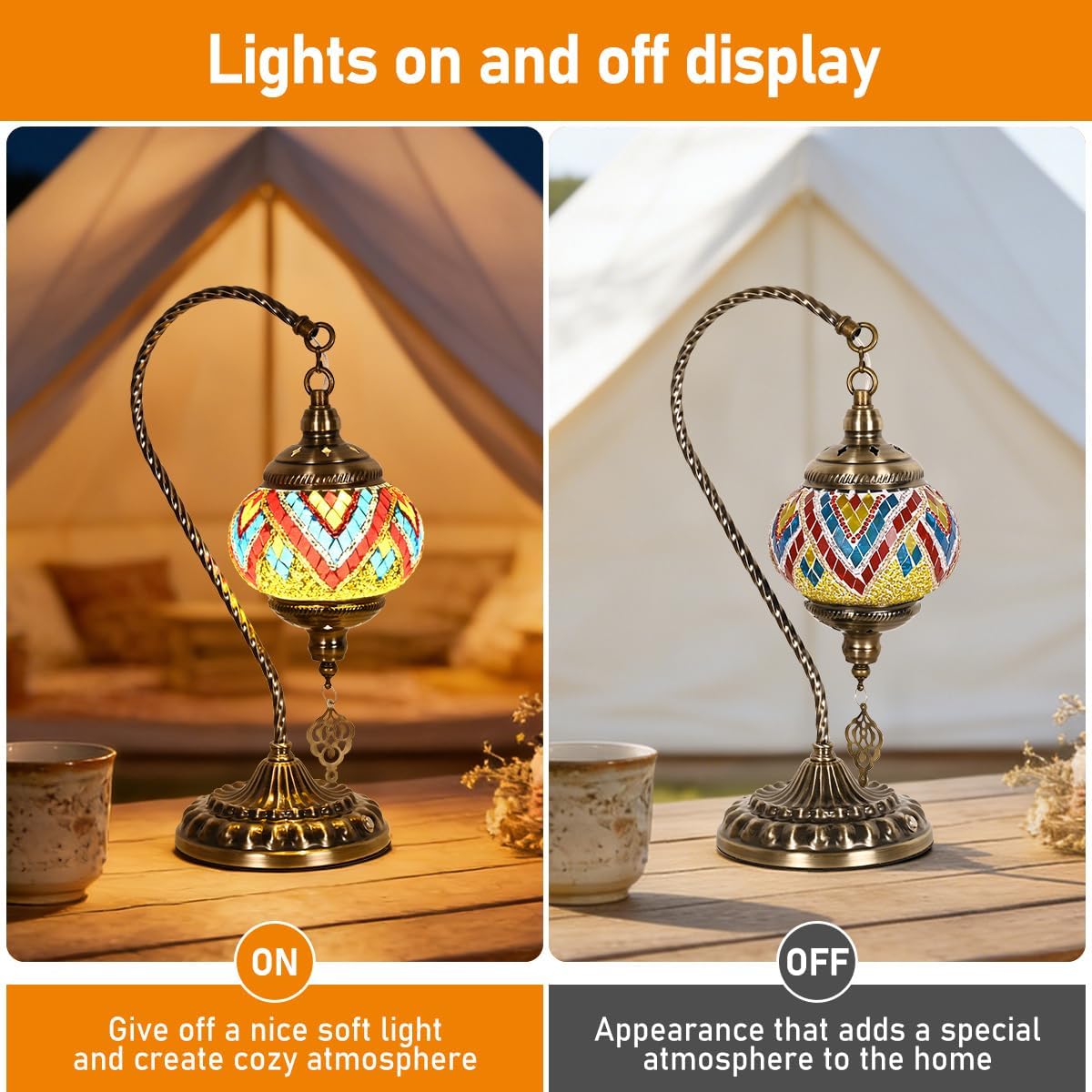 Portable Rechargeable Turkish Swan Neck Bronze Base Table Lamp with 6000mAh Battery, Handmade Moroccan Tiffany Colorful Mosaic Glass Night Stand Light Fixture for Living Room Bedroom Decor