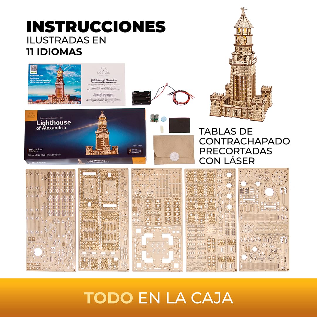 UGEARS Faro de Alejandría 3D Puzzle - Kits de Bricolaje para Adultos Puzzles 3D de Madera para Adultos con Luz LED Nocturna - Kits de Construcción de Modelos Puzzle de Madera Regalo - 340 Piezas