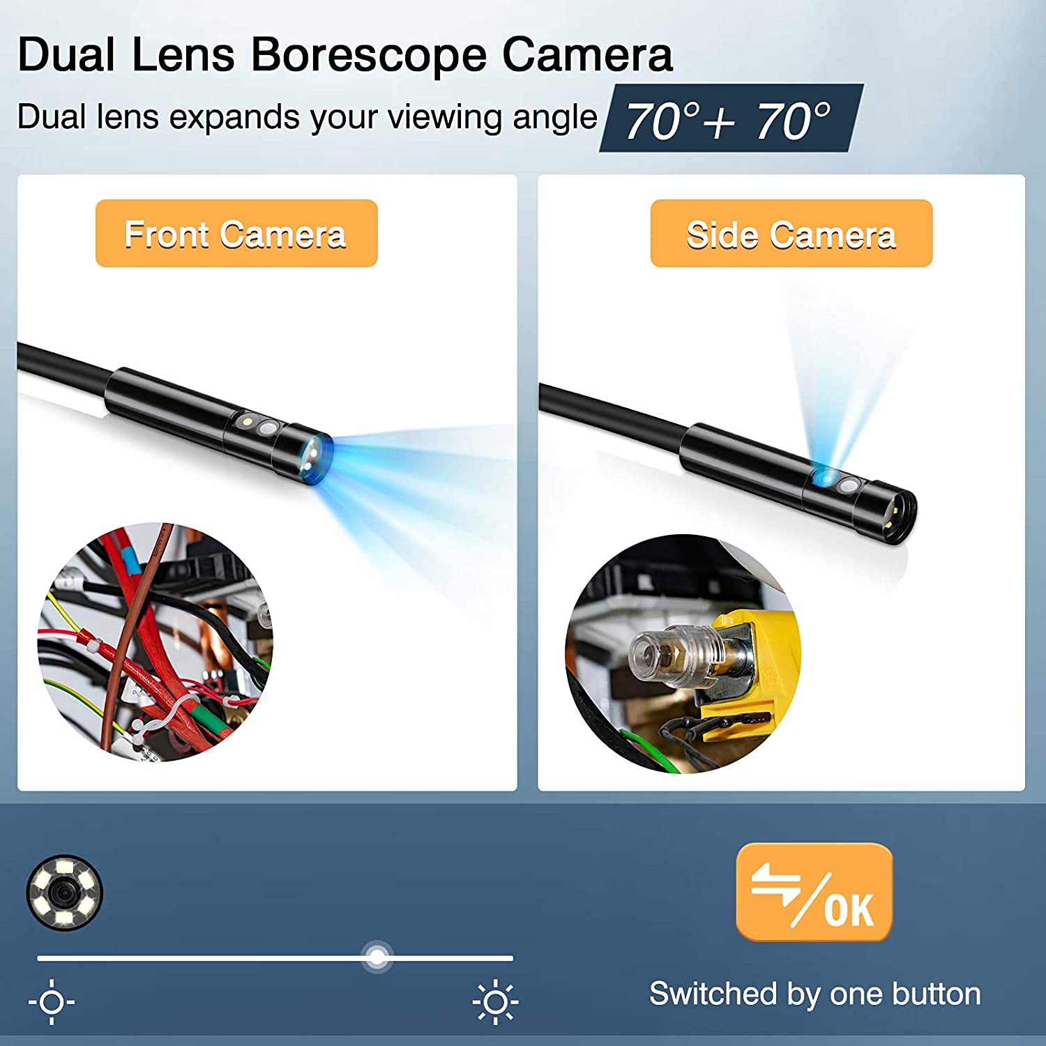 1080P Cámara Endoscopio Doble Lente,HD Cámara de Inspección Industrial 8mm Endoscopio de Tubería Impermeable IP67 con 4,3 Pulgadas Pantalla IPS,6 Luces LED y 5m Cable Semi-rígido