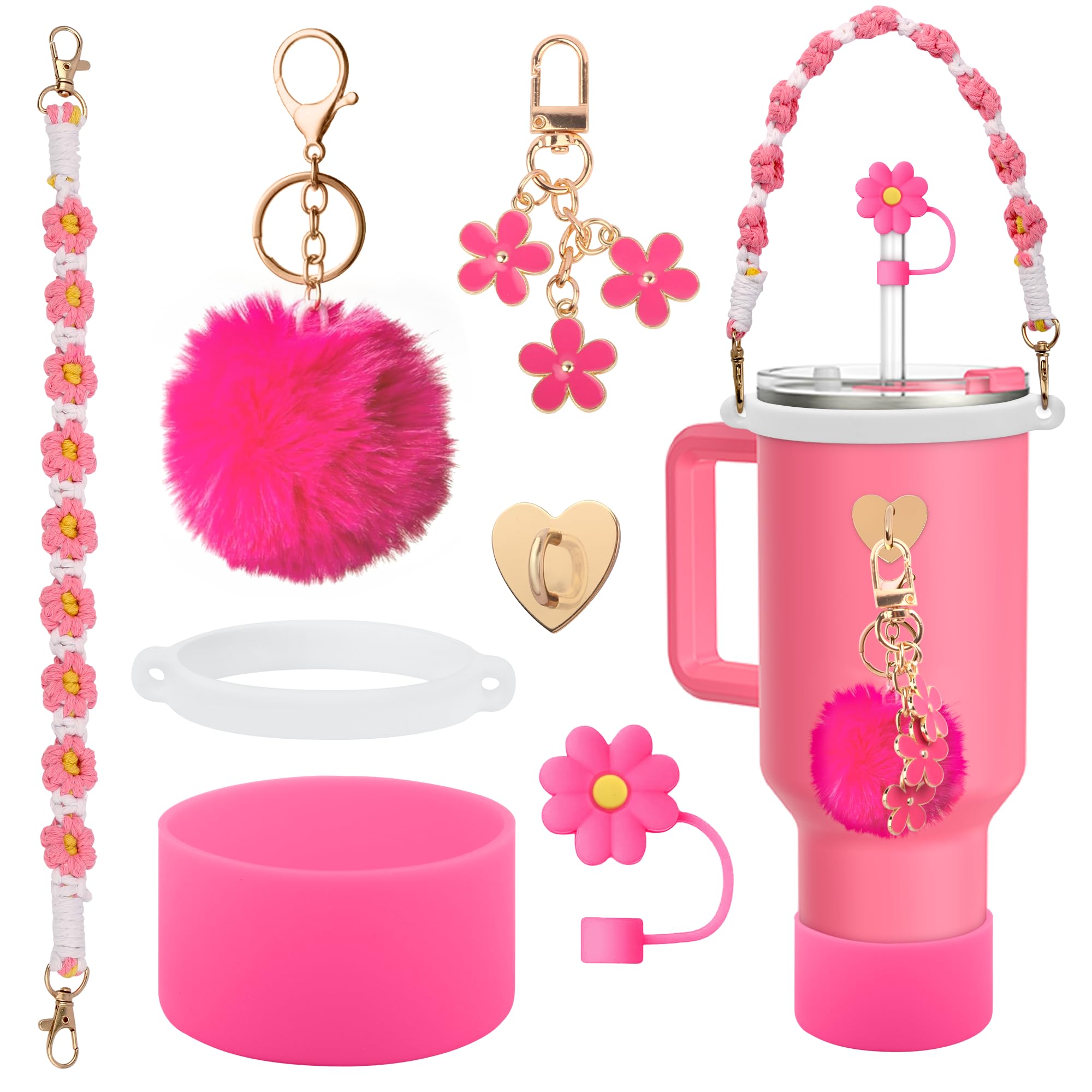 BPTAKOO 7 Pcs Cup Accessories Set for Stanley Cup 40oz 30oz Including Water Bottle Handle Strap,Siliocne Stanley Cup Boot,Flower Straw Cover and