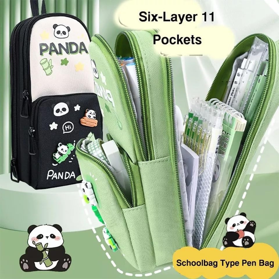 Image of Three Layer School Bag-Shaped Pencil Pouch, Large-Capacity Pencil Pouch with Zipper, Multipurpose Pen & Pencil Case for School Supplies for Boys & Girls (Pack of 1) (Panda - Black)
