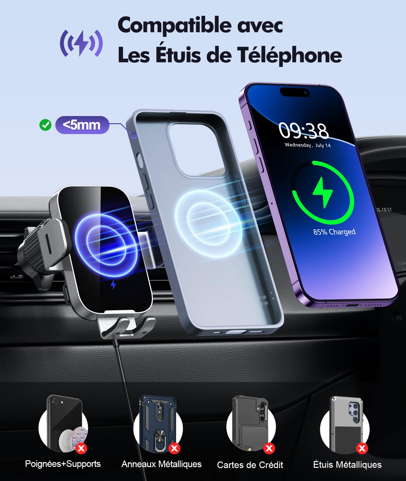 ISEYOU Support Telephone Voiture Induction, 15W [Serrage Automatique] Chargeur Induction Voiture sans Fil avec QC 3.0 Chargeur Adaptateur Rapide Compatible avec iPhone 17 16 15 Pro Max, Galaxy S25/S24