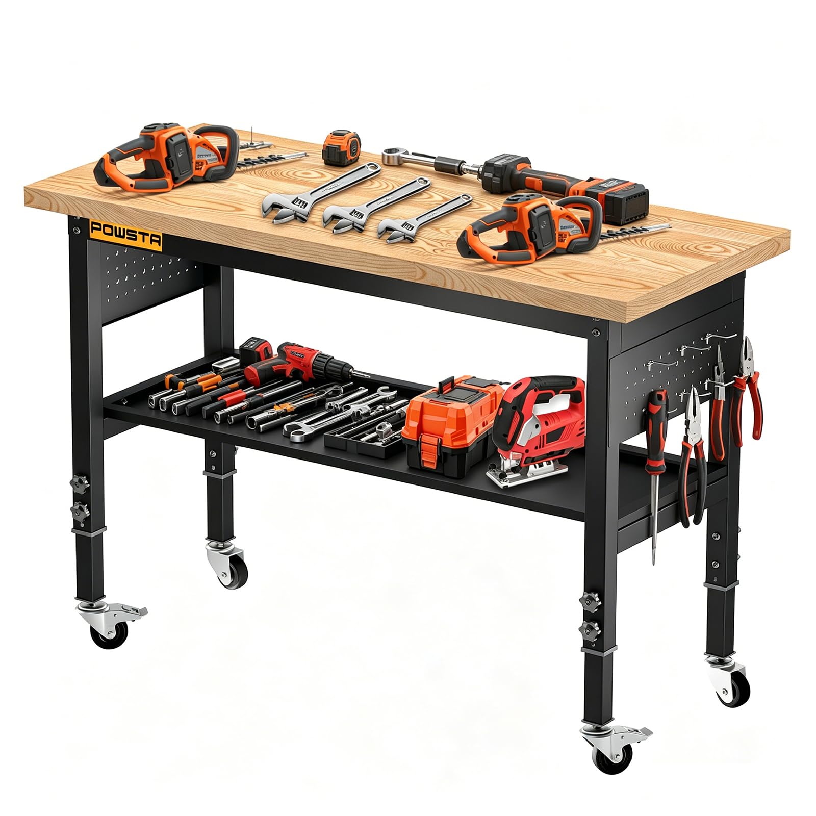 120cm Höhenverstellbare mobile Werkbank aus Gummibaumholz, 900 kg Tragfähigkeit, zweistufig mit schwenkbaren Rollen, Lochwand und 6 Haken, als Arbeitstisch für Garage, Werkstatt, Büro, Haus & Gewerbe