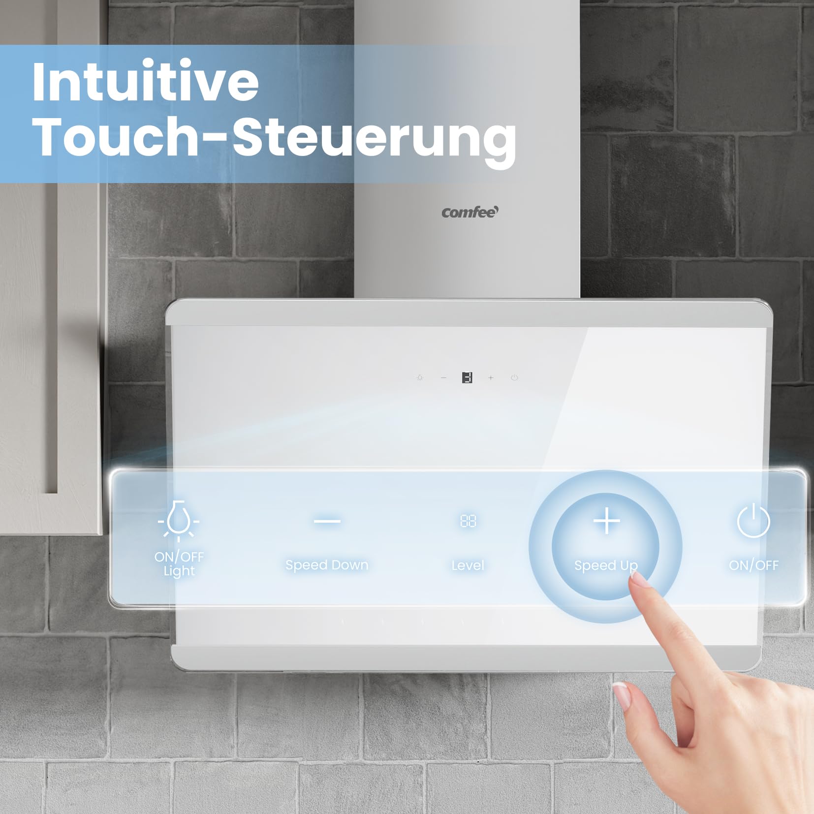 COMFEE CH60J64ET4A2W A++ Hotte aspirante 60 cm, Hotte 60 cm de convection et d'air évacué, 380 m³/h de flux d'air, design en acier inoxydable/verre avec écran tactile, LED, hotte aspirante avec filtre