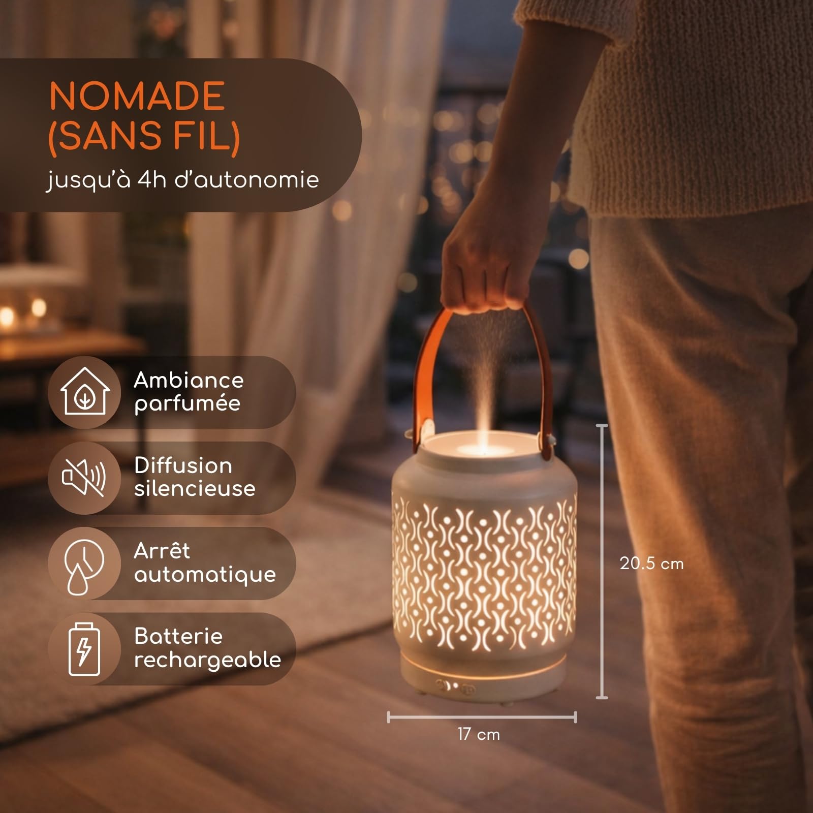 Zen’Arôme Diffuseur Ultrasonique sans Fil Madrid, Batterie Rechargeable Intégrée Autonomie 10h, Diffuseur Huile Essentielle Nomade, Diffusion Continue ou par Alternance, Éclairage LED Personnalisable