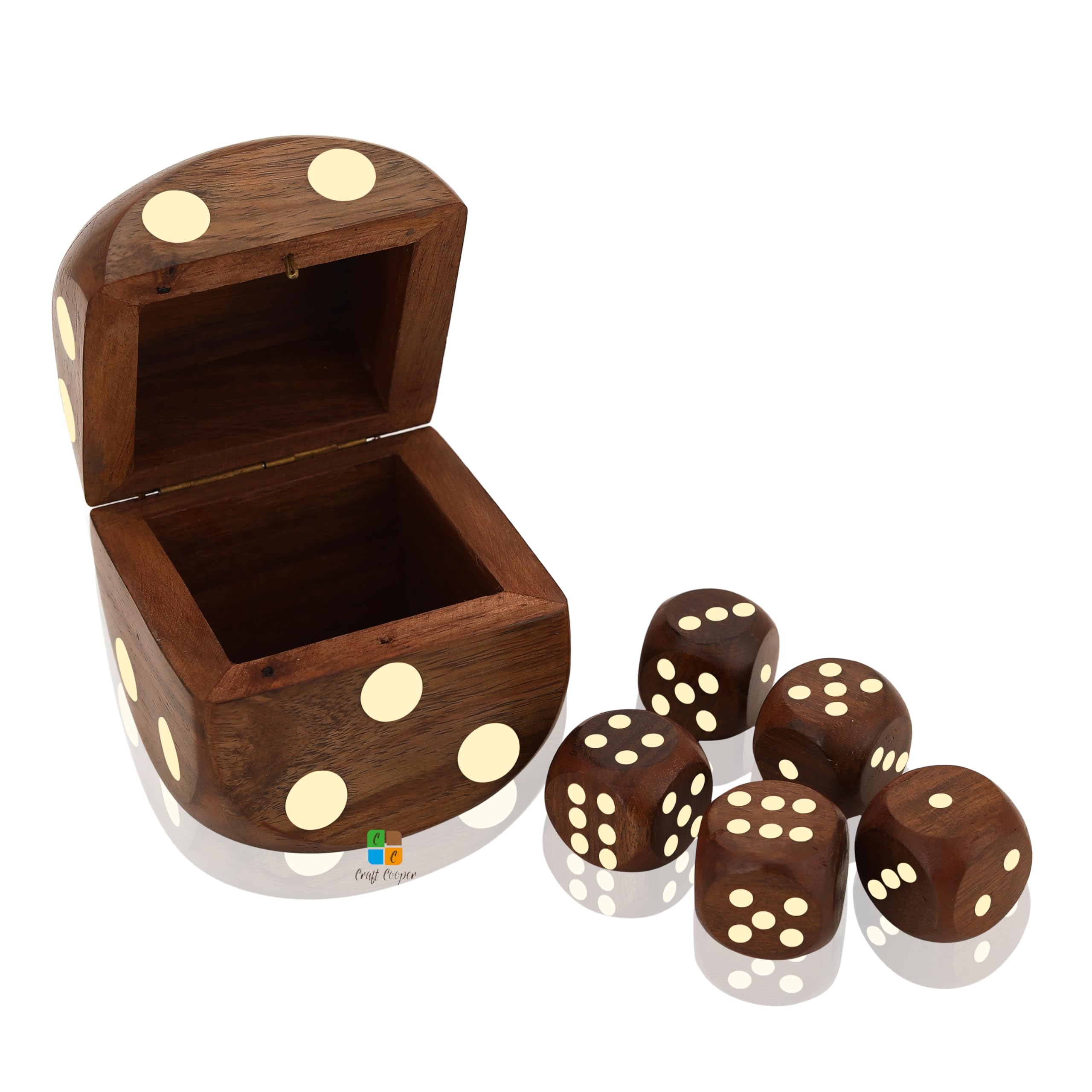 Craft Cooper || Wooden Dice Box with 5 Dices - Handmade 5 Brass Inlay Wooden Dices - Wood Dice Storage Box Protect Dice Counters Mini Travel Board Coffee Table Game for Kid Adult