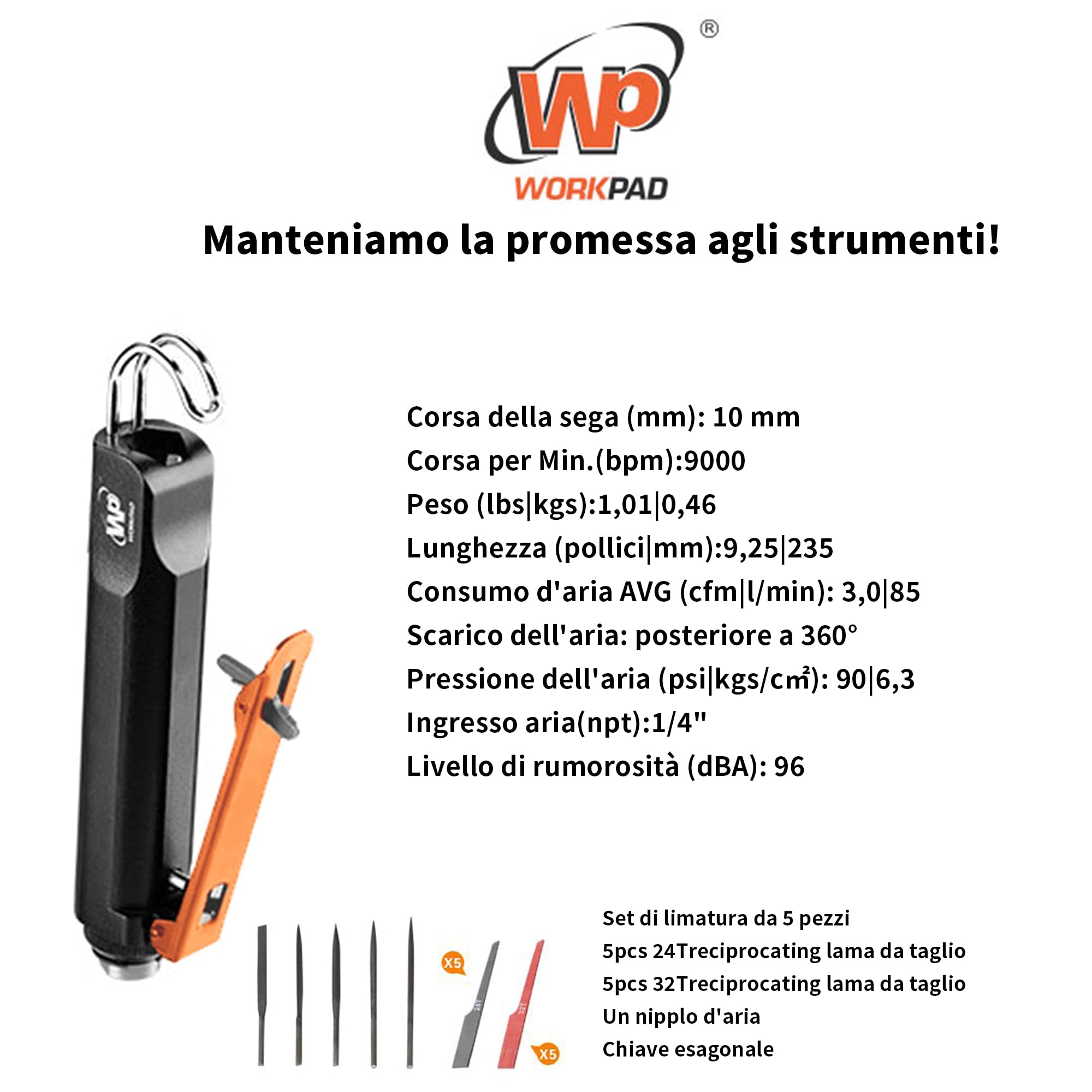 WorkPad Lima pneumatica multiuso，utensile pneumatico per smerigliare in lega di zinco, set di 15 (diversi tipi di lime, 24T e 32T).