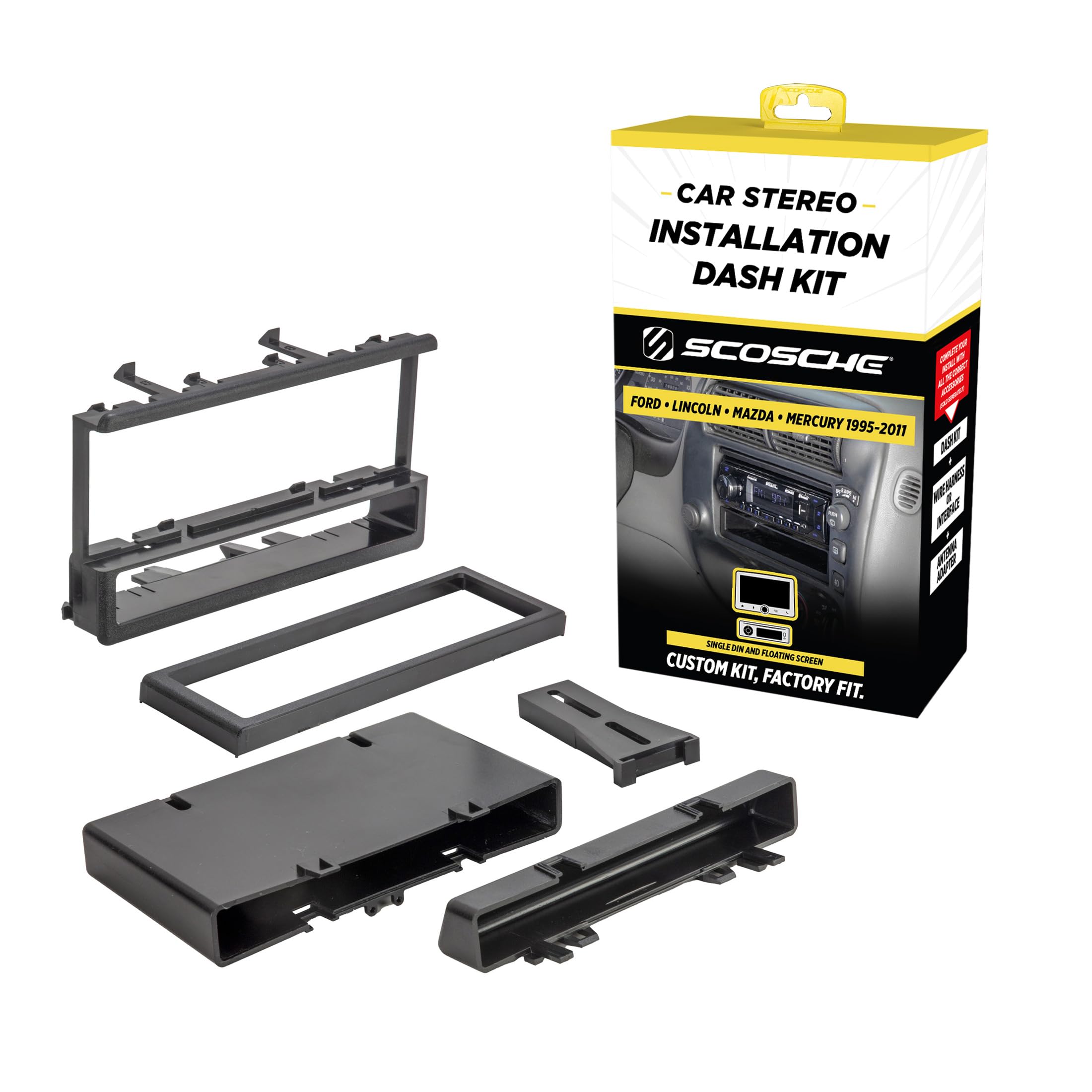 Scosche FD1327B Single DIN Dash Kit Compatible with Select 1995-11 Ford, Lincoln, Mazda and Mercury Vehicles - Car Stereo Install Kit - Single DIN Only - See Fit Guide in Images to Verify Your Vehicle