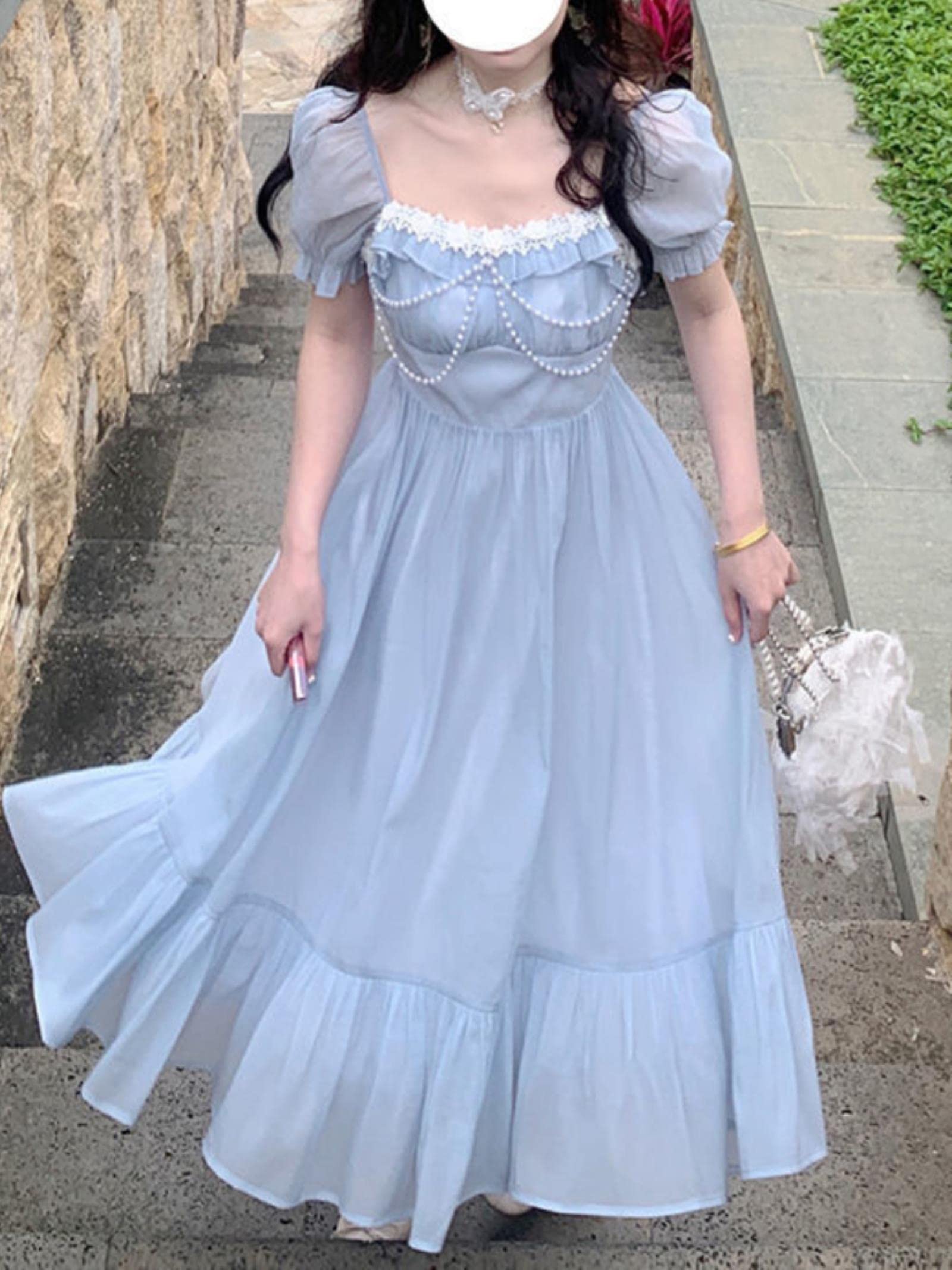 Summer Blue Elegant Fairy Dress Women Bow Bandage Party Midi Dresses Casual  Korean Fashion Lace Chic Lolita Dress Woman-Blue,XL : Amazon.nl: Fashion