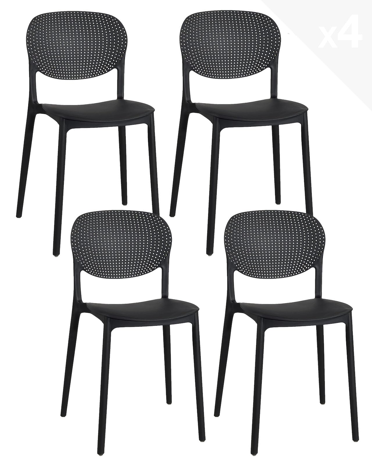 KAYELLES Lot de 4 chaises de Cuisine Noires empilables en Plastique Souple Dossier ajouré ABY (Noir)