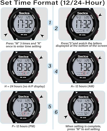 Miniatura 9 de SOCICO Reloj digital para hombre, deportivo, impermeable, para exteriores, con gran esfera, relojes militares, con cronómetro, luz de fondo, alarma,