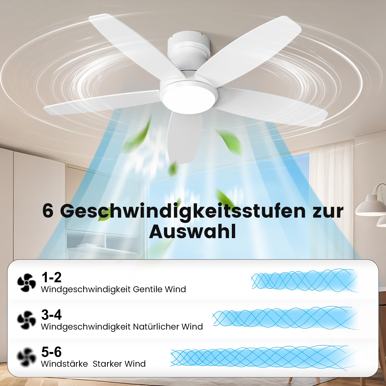 Deckenventilator mit Beleuchtung 107 cm 5 Blätter Deckenventilator mit Fernbedienung 6 Gänge Ultraleiser Reversibler Gleichstrommotor Dimmbare LED Doppelseitige Flügeln für Schlafzimmer Wohnzimmer