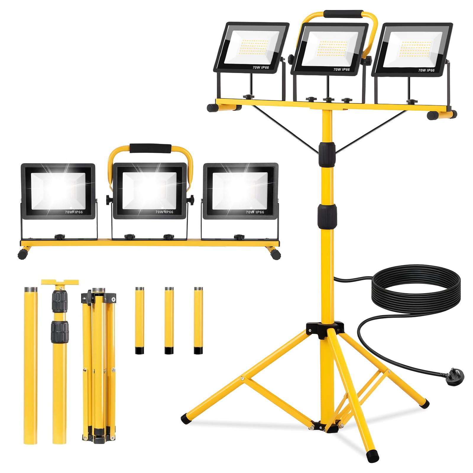 210W Foco led Trabajo con Trípode, 21000LM 6500K Lámpara de Trabajo con Cable de 5m Interruptor Individual, IP66 Lámpara Impermeable para Obras/Talleres/Garajes Altura Ajustable 200cm