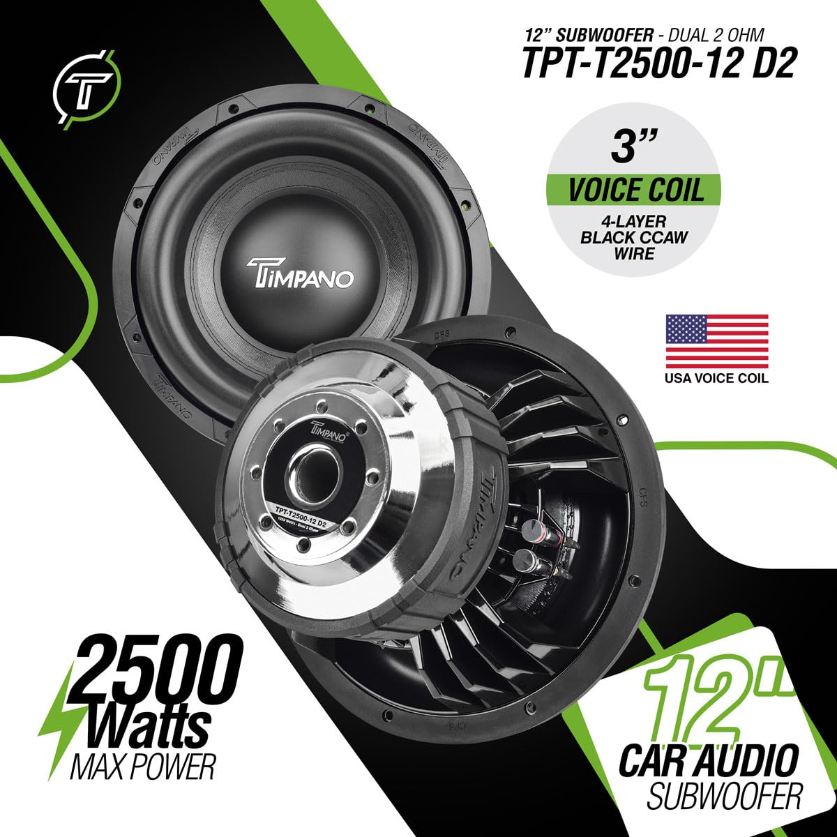 Timpano 12 Inch Subwoofer D2 2500 Watts Max Power Dual 2 Ohm, 12 Subwoofer Speaker 23.5 mm High Xmax, TPT-T2500-12 D2, 3 in Voice Coil, Competition Sub Woofer for Car Audio Systems (Single)