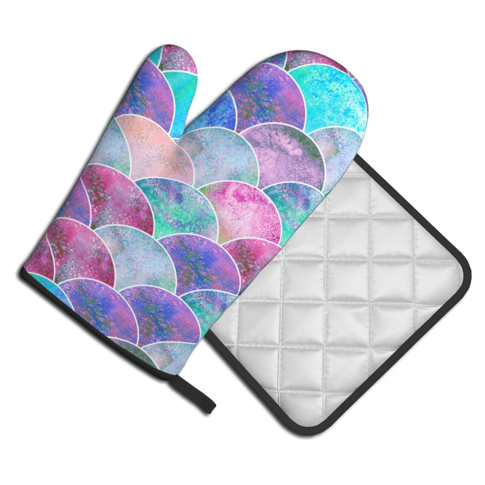 Oven Mitts and Pot Holders Set of 2 Pcs, Watercolor Fish Scale Printed Heat Resistant Kitchen Gloves Potholders for Cooking Baking Grilling