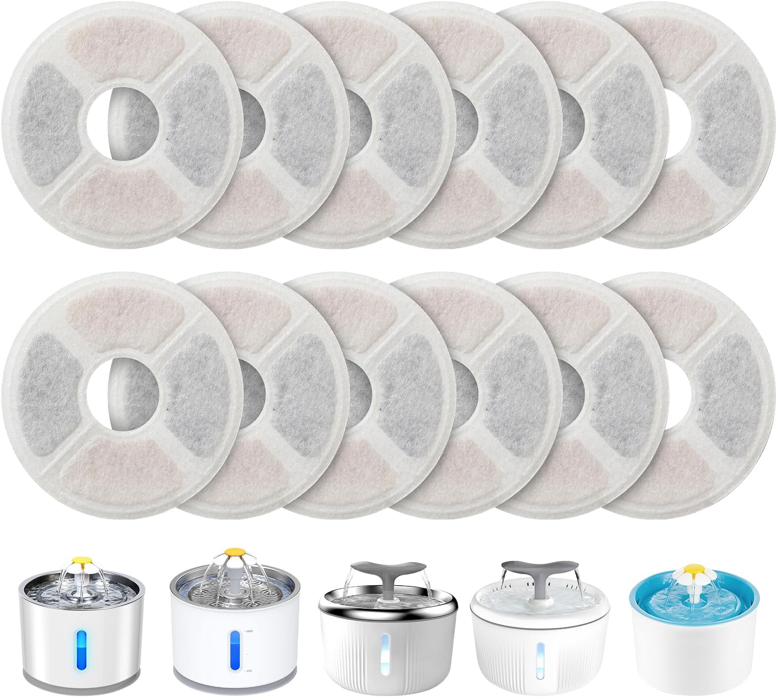PewinGoCat Fountain Filters,Triple Action Fountain Filter for Cat Fountain Replacement with High Intensity Cotton, Charcoal for Water Fountain 2-2.5L (12 Pieces)