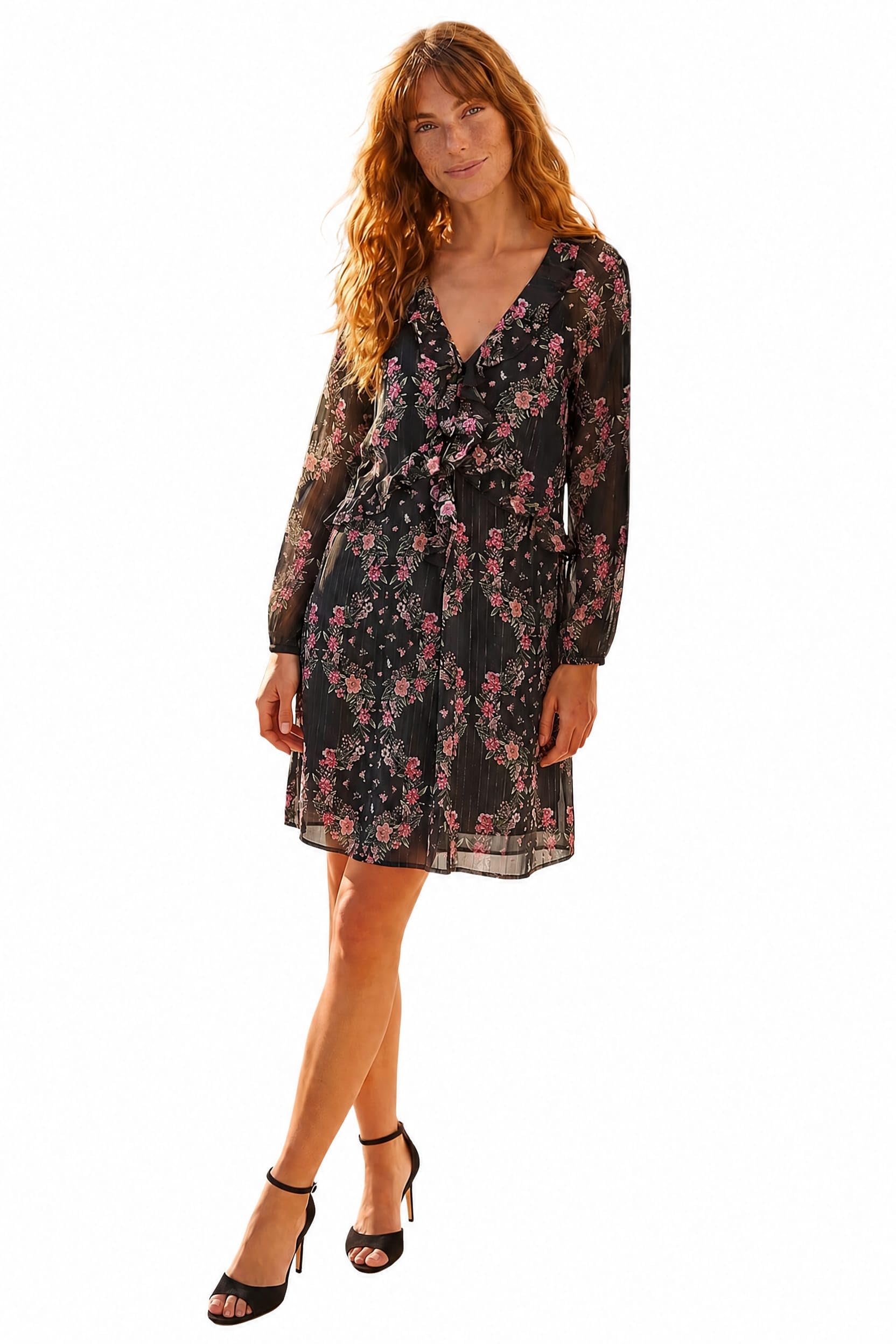 Roman Rose Print Ruffle V-Neck Smock Dress for Women UK Ladies Spring Everyday Summer Holiday Long Sleeve Soft Knee Length Comfy Frill Detail Frock Dinner Date Gowns - Black - Size 18