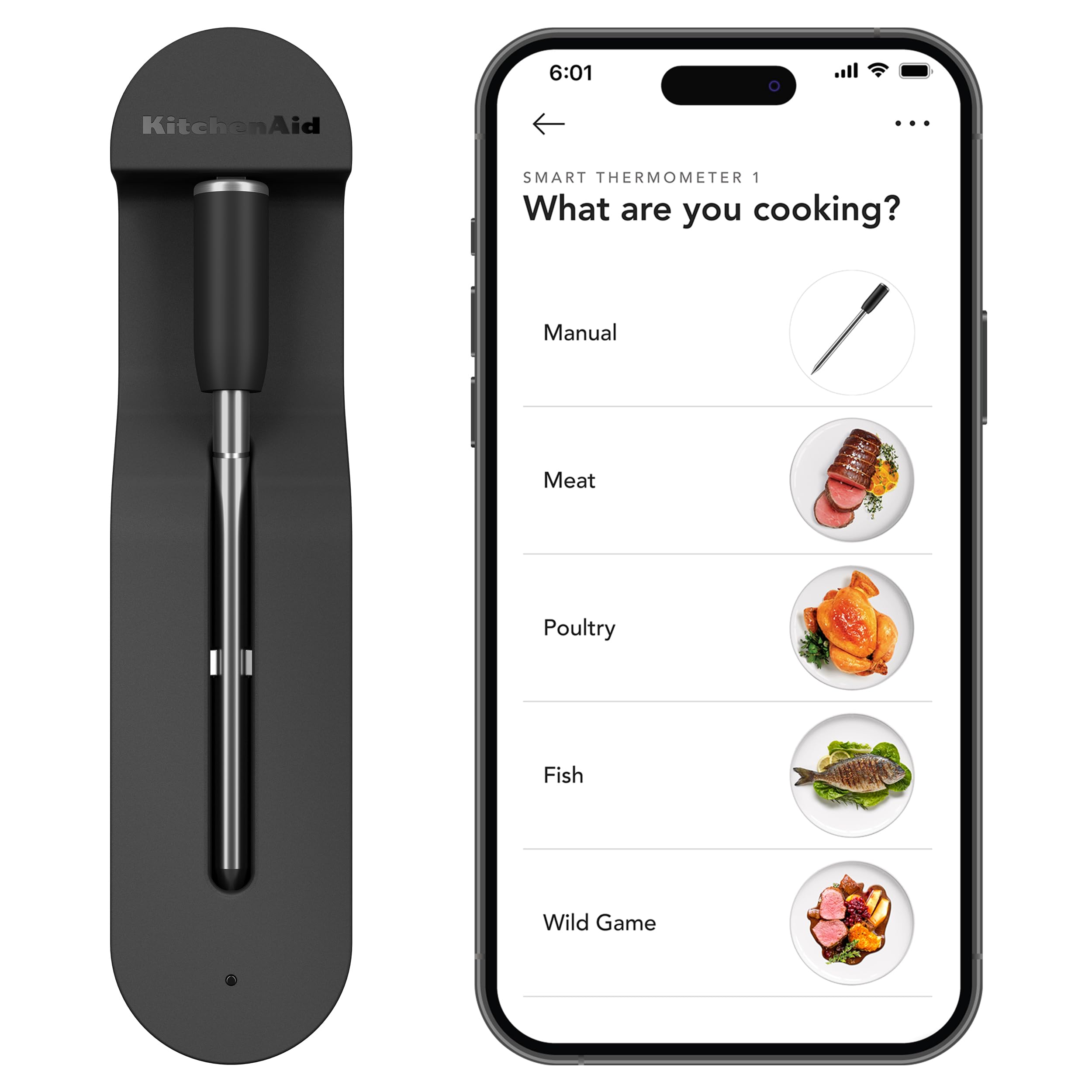 KitchenAid Smart Wireless Rechargable Thermometer, KTH11BM | Waterproof Design, Dishwasher-safe, Long-Range Bluetooth, Ideal for BBQ, grill, air fryer use