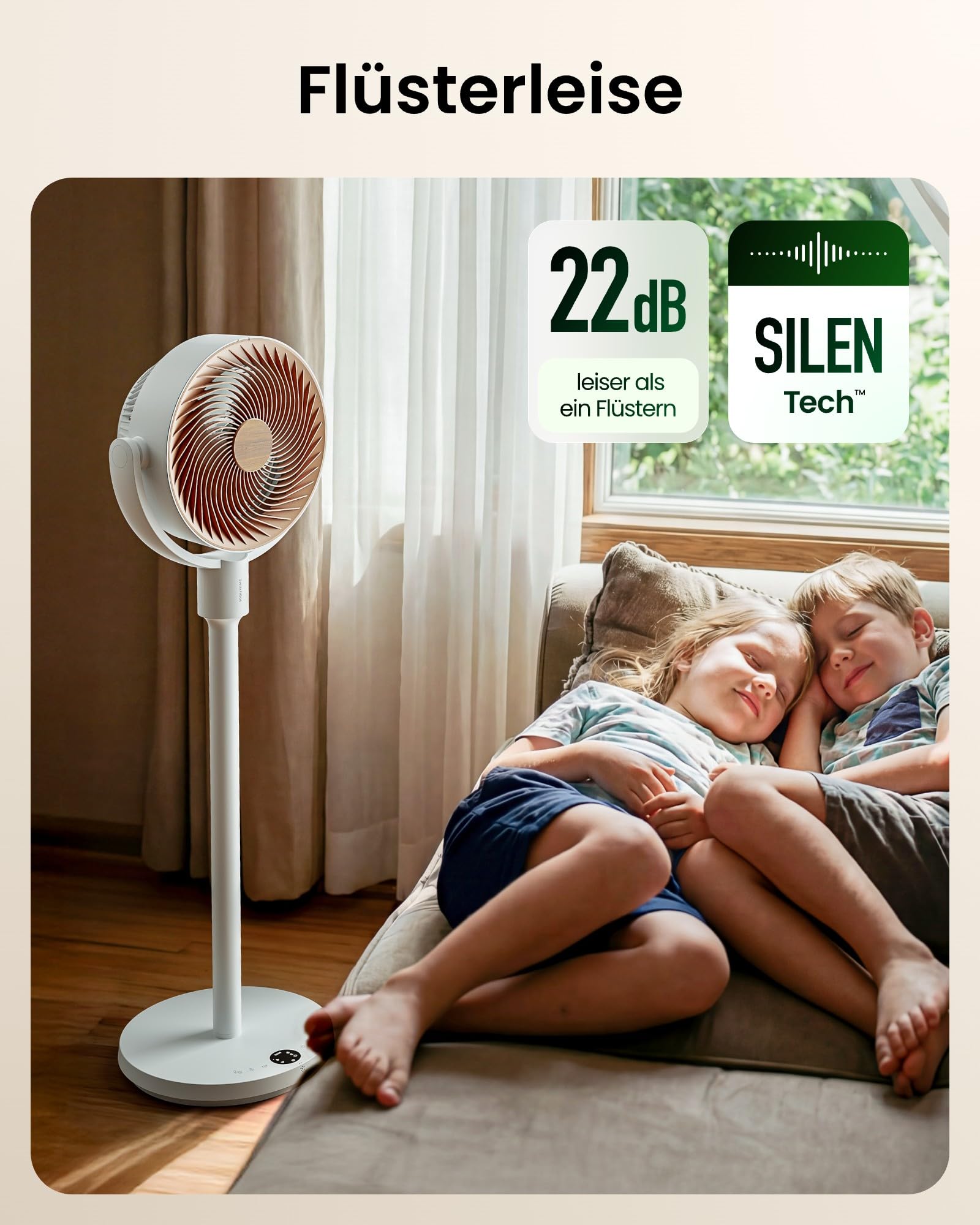 SwitchBot Standventilator mit RGB-Beleuchtung, 22 dB leise, Matter, 9,15 m³/min Luftstrom, höhenverstellbar, 4 Modi, 9 Geschwindigkeiten, 9h-Timer