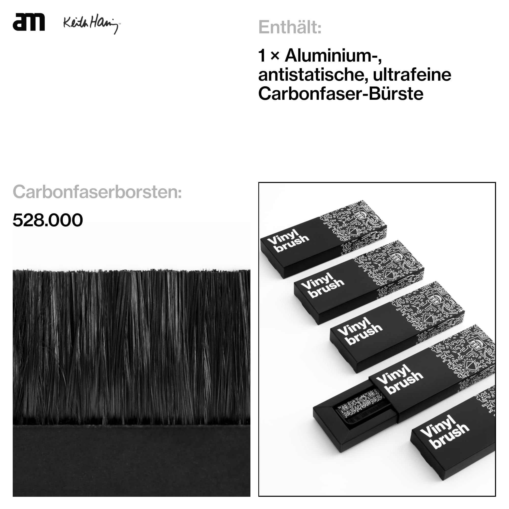 AM Carbon-Antistatik Kohlefaserbürste für Schallplatten Reinigung und Vinyl Clean Sound - Reinigungsbürste für Plattenspieler - Effektive Schallplattenbürste (Keith Haring Edition)