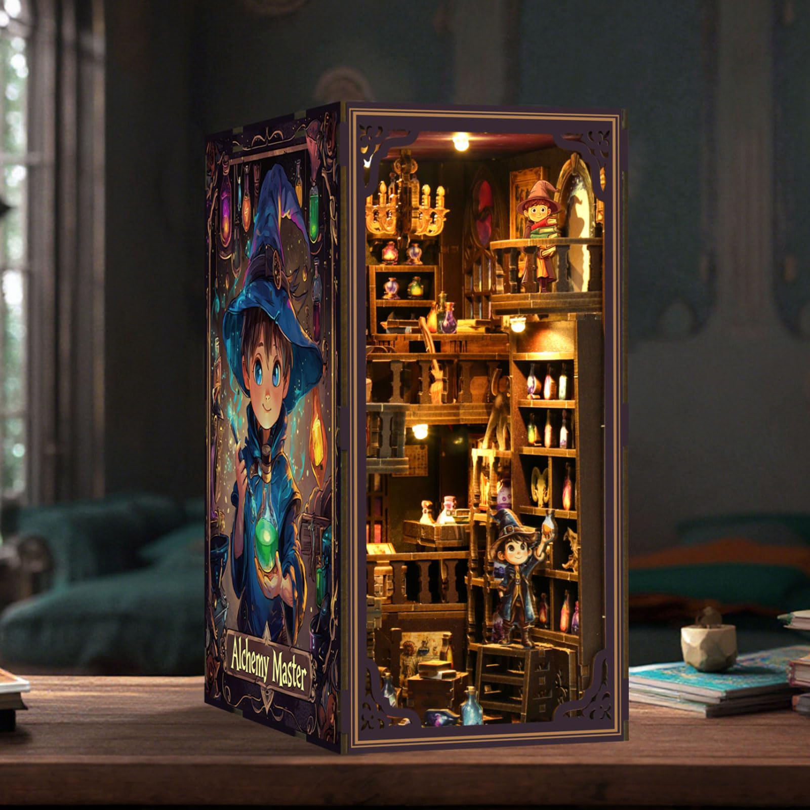 Book Nook Kit, DIY Miniature Dolls House Kit with Furniture and LED Light, 3D Puzzle Wooden Art Bookends - Image 2