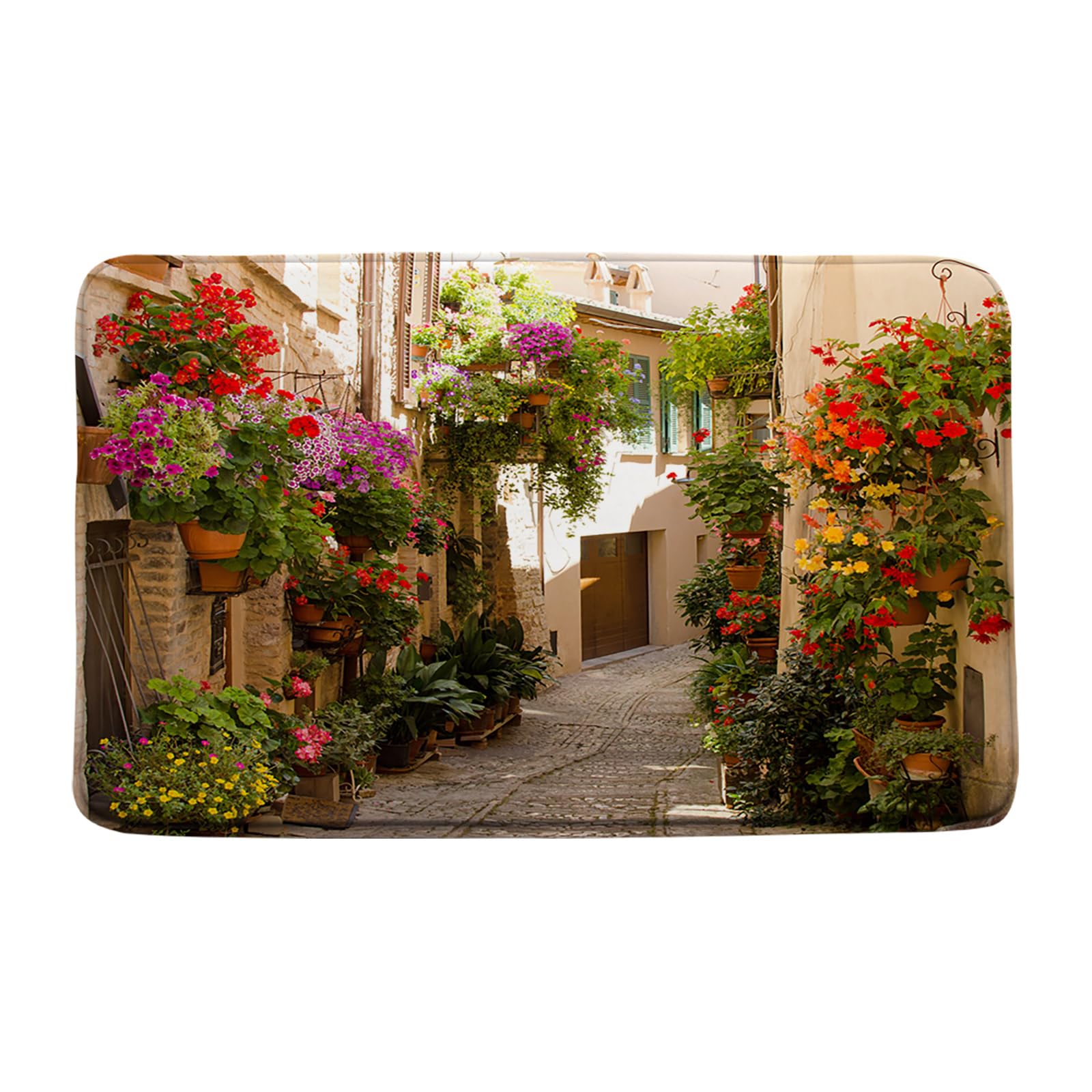 GCTNBJL Italian Bath Mat European Garden Greece Scene Tuscany Vintage Street Floral Plant Mediterranean Brown Green Bathroom Kitchen Memory Foam Rug,