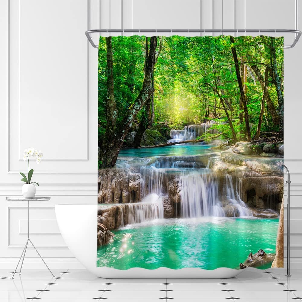 Waterfall Shower Curtain Nature Scenery Green Forest Tree Lake Fabric Bathroom Decor with Hooks(70" Wx74.8 H)