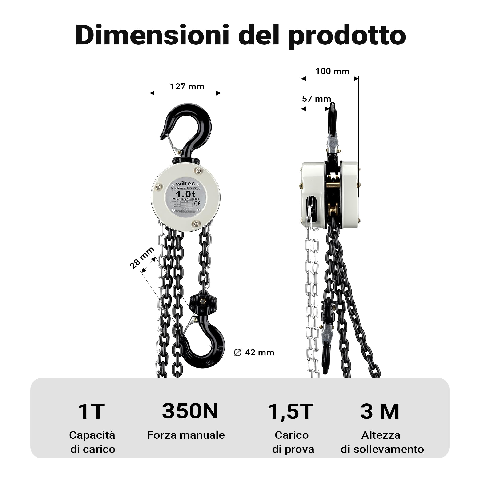 Wiltec Mini paranco a catena manuale VSK-1, capacità di carico 1 t, altezza di sollevamento 3 m, per sollevare e abbassare carichi pesanti in officine, magazzini e cantieri, per impieghi gravosi