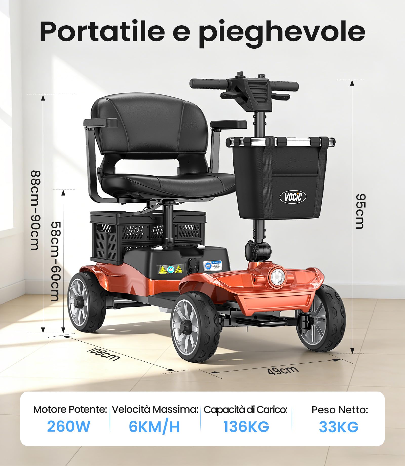 VOCIC D35 Scooter elettrico pieghevole 35 chilometri, doppio cestino 40L | portata fino a 150 kg, ruote da 20 cm, sedile ergonomico regolabile, batteria rimovibile per anziani (Arancione Rosso)