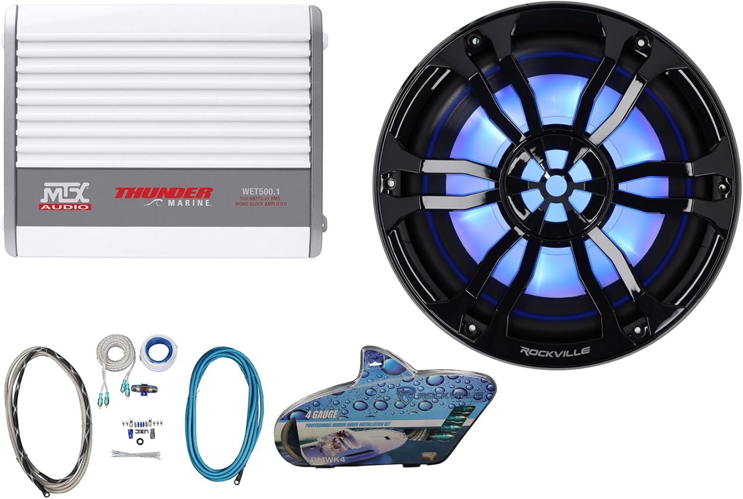 Rockville RM-PREMIUM104 Black Bundle: 10 in Free Air 1200-Watt Peak/300-Watt RMS Marine Subwoofer, MTX WET500.1 Mono Amplifier, RMWK4 4 AWG Waterproof Amp Wiring Kit, 3-Items