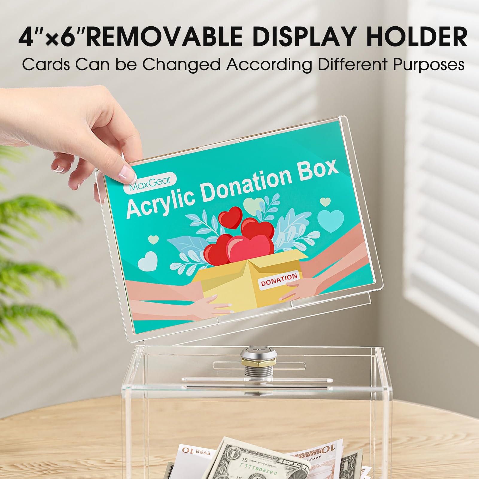 MaxGear Acrylic Donation Box with Lock and Sign Holder, Clear Ballot Box Donation Boxes for Fundraising (6.2" x 4.5" x 4") with Lock - Clear